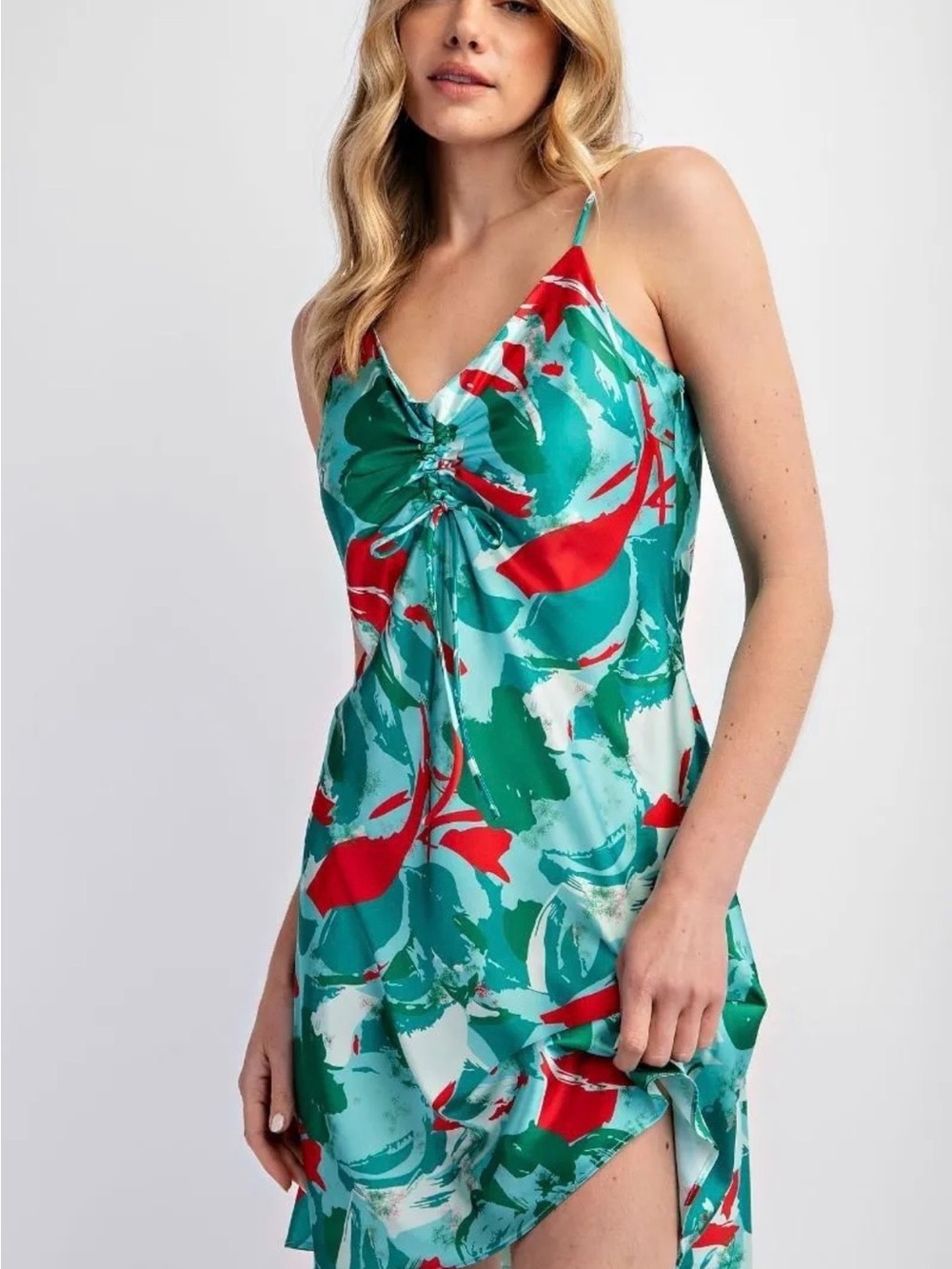 EASEL Boutique Women’s Teal & Red Printed Satin Dress